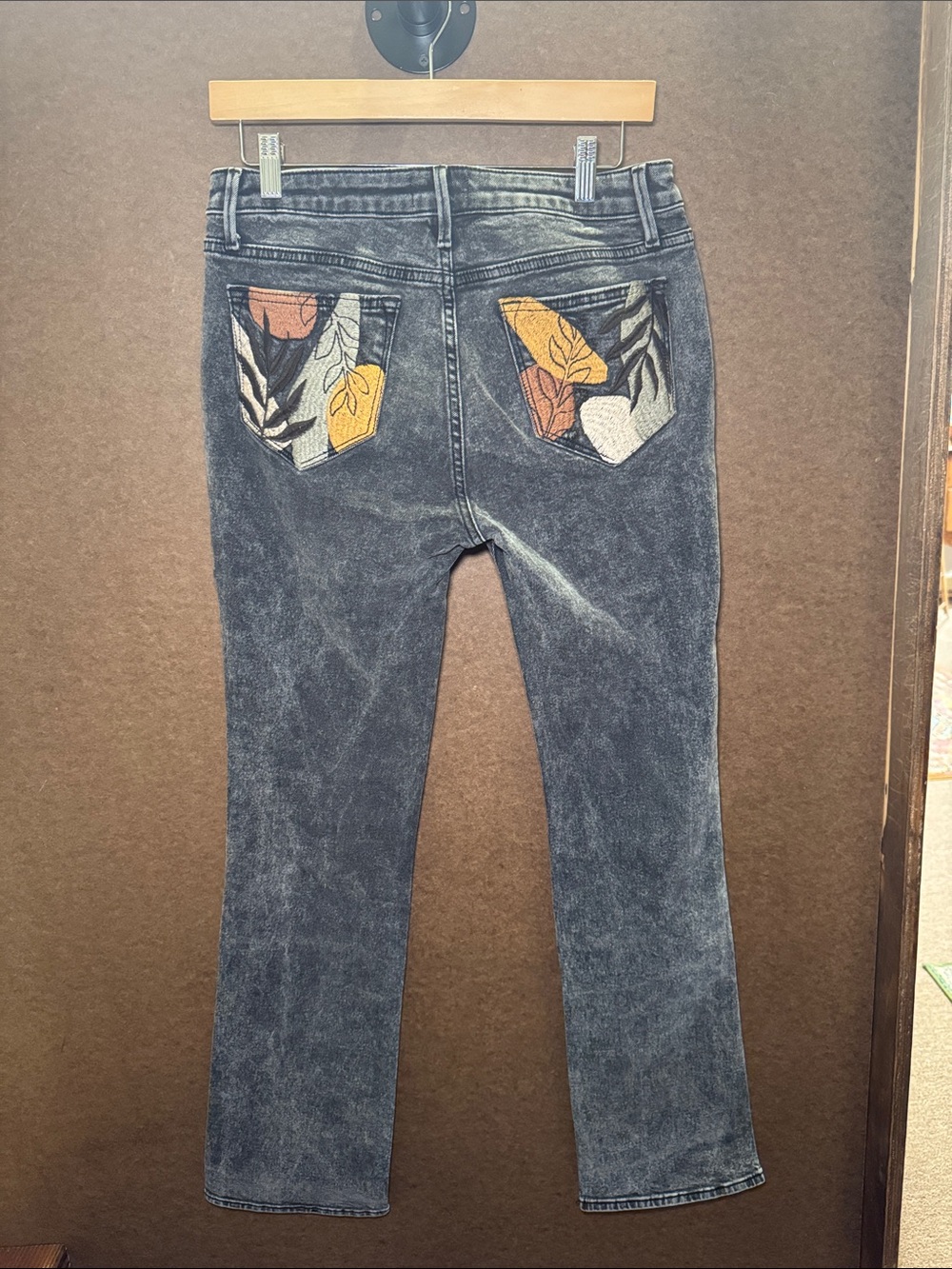 DRIFTWOOD Washed Black Straight Leg Jeans with Floral Patch Pockets